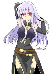 Rule 34 | 1girl, alternate costume, arms up, bare shoulders, belt, breasts, corruption, dark persona, facial mark, fire emblem, fire emblem: genealogy of the holy war, forehead mark, holding own hair, julia (fire emblem), large breasts, long hair, looking at viewer, mind control, multiple belts, nintendo, purple hair, red eyes, simple background, solo, thighhighs, white background, yukia (firstaid0)