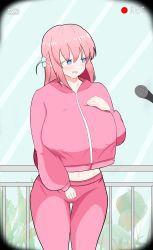 Rule 34 | absurdres, blue eyes, bocchi the rock!, breasts, covered erect nipples, embarrassed, empty eyes, gotoh hitori, hand on own chest, highres, interview, jacket, large breasts, lyz ya, no bra, pants, pink hair, pink track suit, recording, thigh gap, time stop, track pants