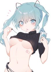 Rule 34 | 1girl, ^^^, bad id, bad pixiv id, belt, blue eyes, blue hair, blue nails, bottomless, breasts, candy, cellphone, crop top, crop top overhang, earphones, food, giryu, hatsune miku, holding, holding phone, lollipop, long hair, medium breasts, nail polish, navel, number tattoo, out-of-frame censoring, parted lips, phone, short sleeves, simple background, smartphone, solo, stomach, tattoo, twintails, underboob, upper body, vocaloid, white background