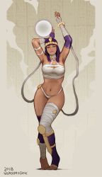Rule 34 | 1girl, alternate costume, artist name, bandages, bracelet, breasts, cleavage, crystal ball, feet, fingerless gloves, full body, gloves, green eyes, jewelry, looking at viewer, medium breasts, menat, navel, parted lips, purple hair, quasimodox, revision, solo, standing, stomach, street fighter, street fighter v, thighhighs, tiara, toeless legwear, toes