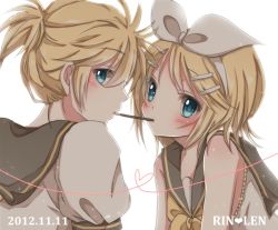 Rule 34 | 1boy, 1girl, blue eyes, blush, brother and sister, dated, heart, heart of string, hiro (hirohiro31), kagamine len, kagamine rin, pocky, pocky day, siblings, twins, vocaloid