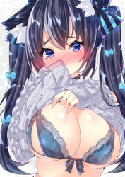 Rule 34 | 1girl, animal ear fluff, animal ears, aran sweater, black hair, blue bra, blue eyes, blush, bow, bow bra, bra, breasts, cable knit, cat ears, cleavage, commentary request, covered mouth, grey sweater, hair between eyes, hair bow, hands up, head tilt, highres, large breasts, lifted by self, long hair, long sleeves, nose blush, ooji cha, original, oziko (ooji cha), sleeves past wrists, solo, striped, striped bow, sweater, twintails, underwear, upper body, very long hair