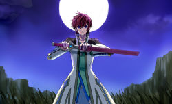 Rule 34 | 1boy, asbel lhant, blue eyes, fighting stance, male focus, moon, outdoors, ready to draw, shashin, sheath, short hair, sky, solo, sword, tales of (series), tales of graces, unsheathing, weapon