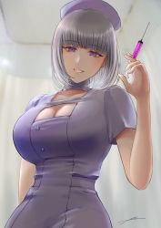 Rule 34 | 1girl, alternate costume, breasts, cleavage, cleavage cutout, clothing cutout, collarbone, dress, filha, girls&#039; frontline, grey hair, grin, hat, highres, holding, holding syringe, indoors, large breasts, looking at viewer, nurse, nurse cap, purple dress, purple eyes, rpk-16 (girls&#039; frontline), short hair, smile, solo, syringe