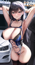 Rule 34 | 1girl, 1other, adjusting hair, armpits, arms up, black eyes, black hair, black thighhighs, breasts, car, choker, collarbone, covered erect nipples, cross-laced clothes, cross-laced one-piece swimsuit, formal, groin, highres, jack dempa, large breasts, legs together, long hair, motor vehicle, navel, original, parted lips, pubic stubble, race queen, skindentation, smile, standing, stomach, suit, thighhighs