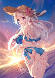 Rule 34 | 1girl, ass, back, barefoot, bikini, bison cangshu, blue bikini, changchun (warship girls r), female focus, flower hat, hat, long hair, looking at viewer, looking back, open mouth, purple eyes, silver hair, smile, soles, solo, standing, standing on one leg, sun hat, swimsuit, toes, warship girls r, water