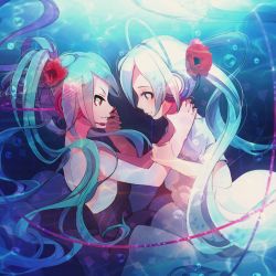 Rule 34 | 2girls, album cover, aqua hair, asphyxiation, blue eyes, blue hair, bubble, commentary, cover, dark persona, dual persona, evil smile, flower, hair flower, hair ornament, hatsune miku, headset, highres, long hair, marmaladica, multiple girls, red eyes, smile, strangling, textless version, underwater, very long hair, vocaloid
