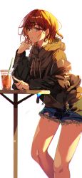 Rule 34 | 1girl, :o, black jacket, blush, brown hair, brown hoodie, condensation, cup, cutoffs, denim, denim shorts, disposable cup, feet out of frame, fingernails, highres, higuchi madoka, hood, hoodie, idolmaster, idolmaster shiny colors, jacket, jacket partially removed, leaning forward, leaning on object, looking at viewer, looking to the side, mole, mole under eye, nail polish, sakatsuki yakumo, shorts, simple background, solo, white background