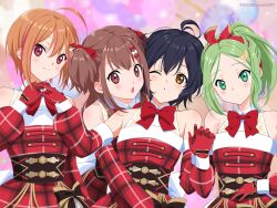 22/7 4girls ahoge artist_name black_hair blush bow bow_hairband bowtie brown_eyes brown_hair christmas closed_mouth detached_sleeves dress gloves green_eyes green_hair hair_between_eyes hair_bow hair_ornament hairband hairclip half_updo high_ponytail highres himuro_mizuki holding_hands hug hug_from_behind kiryu_touko long_hair looking_at_viewer multicolored_hair multiple_girls nanairo_(nanairo227) one_eye_closed open_mouth orange_hair parted_bangs pink_hair red_bow red_bowtie red_gloves red_hairband sera_honoka short_hair sleeveless sleeveless_dress smile standing takigawa_miu teeth two-tone_bow two_side_up upper_teeth_only