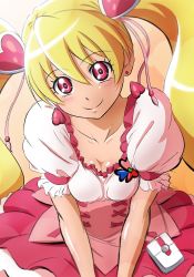 Rule 34 | 1girl, blonde hair, blush, breasts, breasts squeezed together, cleavage, closed mouth, collarbone, cure peach, earrings, eyelashes, floating hair, fresh precure!, fuchi (nightmare), hair between eyes, hair ornament, head tilt, heart, heart earrings, heart hair ornament, jewelry, layered skirt, long hair, looking at viewer, medium breasts, multicolored clothes, multicolored skirt, pleated skirt, precure, red eyes, red skirt, shiny skin, shirt, short sleeves, sketch, skirt, smile, solo, twintails, underbust, very long hair, white shirt