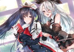 Rule 34 | 2girls, anchor symbol, azur lane, bare shoulders, black coat, black hair, black neckwear, black sleeves, book, breasts, buttons, cape, coat, crop top, detached sleeves, double-breasted, fur-trimmed cape, fur trim, gloves, hair ribbon, hat, high-waist skirt, highres, indoors, large breasts, long hair, looking at viewer, microskirt, military, military uniform, mole, mole under eye, multicolored coat, multiple girls, mutou mame, necktie, one eye closed, open mouth, peaked cap, peter strasser (azur lane), pleated skirt, prinz heinrich (azur lane), reading, red eyes, ribbon, skirt, twintails, two-tone coat, underboob, uniform, very long hair, white coat, white gloves, white hair, white headwear