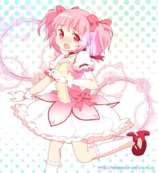 Rule 34 | 10s, gloves, kaname madoka, mahou shoujo madoka magica, mahou shoujo madoka magica (anime), omuni, pink eyes, pink hair, short hair, short twintails, solo, twintails