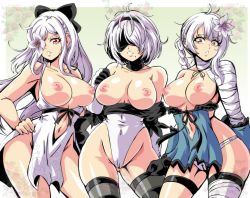 Rule 34 | 3girls, black bow, blindfold, bow, breasts, breasts out, cleavage, company connection, creator connection, curvy, drag-on dragoon, drag-on dragoon 3, flower, flower over eye, hair bow, highleg, highleg leotard, highres, in-franchise crossover, kaine (nier), leaning on person, leotard, lewdamone, multiple girls, nier:automata, nier (series), nipples, short hair, silver hair, simple background, standing, thong leotard, time paradox, topless, trait connection, upper body, white leotard, wide hips, 2b (nier:automata), zero (drag-on dragoon)