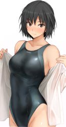 Rule 34 | 1girl, amagami, black hair, black one-piece swimsuit, breasts, brown eyes, clothes writing, collarbone, competition swimsuit, cowboy shot, dress shirt, looking at viewer, medium breasts, mobu, nanasaki ai, one-piece swimsuit, open clothes, shirt, short hair, solo, swimsuit