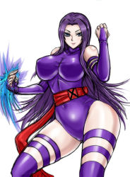 Rule 34 | 10s, 1girl, black beat, blue eyes, bodysuit, breasts, bridal gauntlets, catsuit, curvy, elbow gloves, female focus, fingerless gloves, gloves, large breasts, leotard, long hair, marvel, one-piece swimsuit, psylocke, purple hair, sash, skin tight, solo, swimsuit, thighhighs, white background, x-men