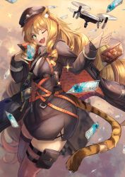 Rule 34 | 1girl, ;d, animal ear fluff, animal ears, arknights, black dress, black headwear, blonde hair, commentary, cowboy shot, dress, drone, fang, green eyes, hair between eyes, highres, long hair, long sleeves, looking at viewer, lungmen dollar, money, ohako (ohako1818), one eye closed, open mouth, pencil dress, pouch, smile, solo, sparkle, swire (arknights), tail, tail ornament, tail ring, thigh strap, thighhighs, tiger ears, tiger tail, very long hair, zettai ryouiki