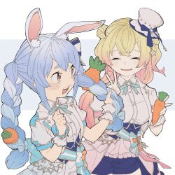 Rule 34 | 2girls, animal ears, back bow, blonde hair, blue bow, blue bowtie, blue hair, blue shorts, blue skirt, blush stickers, bow, bow skirt, bowtie, braid, carrot, carrot hair ornament, closed eyes, commentary request, corset, creature, double bun, extra ears, food, food-themed hair ornament, frilled skirt, frills, gradient hair, hair bun, hair ornament, highres, holding, holding food, hololive, hololive idol uniform (bright), jacket, large bow, layered skirt, long hair, momosuzu nene, multicolored hair, multiple girls, nekko (momosuzu nene), open mouth, orange eyes, overskirt, pink hair, puffy short sleeves, puffy sleeves, rabbit-shaped pupils, rabbit ears, sash, scared, shio koneno, shirt, short sleeves, shorts, side up bun, sidelocks, skirt, symbol-shaped pupils, thick eyebrows, twin braids, twintails, two-sided fabric, two-sided skirt, two-tone hair, two side up, underbust, usada pekora, v, virtual youtuber, waist bow, white hair, white jacket, white shirt, white skirt