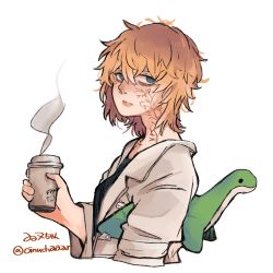 Rule 34 | 1girl, apex legends, blue eyes, blue shirt, coffee, coffee cup, cup, disposable cup, facial scar, from side, highres, holding, holding cup, holding stuffed toy, jacket, nessie (respawn), oinu-chan, scar, scar on cheek, scar on face, shirt, short hair, simple background, solo, steam, stuffed toy, twitter username, upper body, wattson (apex legends), white background, white jacket
