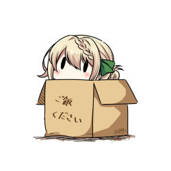 Rule 34 | 1girl, blonde hair, box, braid, braided bangs, braided bun, cardboard box, dated, green ribbon, hair bun, hair ribbon, hatsuzuki 527, in box, in container, kantai collection, perth (kancolle), ribbon, short hair, simple background, solid oval eyes, solo, translation request, twitter username, white background