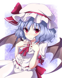 Rule 34 | 1girl, bat wings, blue hair, bow, brooch, dress, female focus, frilled dress, frilled shirt collar, frills, hair ribbon, hat, jewelry, mob cap, mount whip, pink dress, red bow, red eyes, red ribbon, remilia scarlet, ribbon, short hair, skirt, skirt set, smile, solo, touhou, wings
