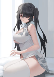 Rule 34 | 1girl, :o, absurdres, bare arms, bare shoulders, bburi, black hair, brown eyes, china dress, chinese clothes, cleavage cutout, clothing cutout, dress, hair over one eye, highres, long hair, looking at viewer, original, parted lips, sidelocks, sitting, sleeveless, sleeveless dress, solo, thighhighs, thighs, twintails, underboob cutout, white dress, white thighhighs