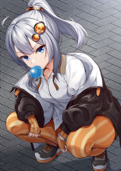 Rule 34 | 1girl, absurdres, ahoge, alternate hairstyle, black jacket, blouse, blue eyes, chewing gum, collared shirt, fingerless gloves, gloves, hair between eyes, hair ornament, highres, jacket, kizuna akari, long hair, long sleeves, open clothes, open jacket, orange gloves, orange pantyhose, pantyhose, ponytail, shirt, shoes, sneakers, solo, striped clothes, striped gloves, striped pantyhose, tenneko yuuri, vertical-striped clothes, vertical-striped gloves, vertical-striped pantyhose, voiceroid, white hair, white shirt
