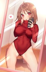 Rule 34 | 1girl, :o, bare legs, barefoot, breasts, brown hair, cellphone, commentary request, covered navel, female pov, heart, heart in eye, heattech leotard, highres, holding, holding phone, indoors, kneeling, large breasts, leotard, long hair, long sleeves, mirror, open mouth, original, partially visible vulva, phone, pov, red eyes, red leotard, reflection, ribbed leotard, sakura yuki (clochette), selfie, short hair, skindentation, sleeves past wrists, smartphone, solo, speech bubble, spoken heart, striped clothes, striped leotard, symbol in eye, taking picture, turtleneck, vertical-striped clothes, vertical-striped leotard