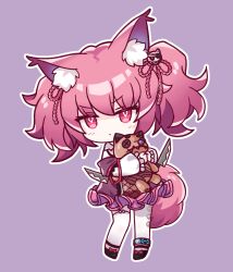 Rule 34 | 1girl, animal ear fluff, anklet, arknights, black footwear, chibi, diamond-shaped pupils, diamond (shape), dress, full body, hair ribbon, highres, holding, holding knife, infection monitor (arknights), jewelry, knife, lalihop, long hair, morte (arknights), pantyhose, pink dress, pink eyes, pink hair, pink ribbon, purple background, ribbon, shamare (arknights), shoes, simple background, solo, standing, symbol-shaped pupils, twintails, white pantyhose