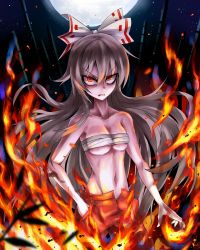 Rule 34 | &gt;:(, 1girl, angry, bad id, bad pixiv id, bamboo, bandages, bare arms, bare shoulders, blurry, blurry foreground, bow, breasts, chest sarashi, cleavage, clenched teeth, collarbone, commentary request, cowboy shot, embers, fire, fujiwara no mokou, full moon, glaring, hair between eyes, hair bow, hand in pocket, highres, long hair, looking at viewer, max-k, medium breasts, moon, night, night sky, ofuda, open fly, outdoors, pants, red eyes, red pants, sarashi, sidelocks, silver hair, skindentation, sky, solo, standing, star (sky), starry sky, teeth, touhou, underboob, v-shaped eyebrows, very long hair, white bow