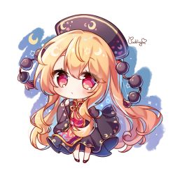 Rule 34 | 1girl, black dress, black headwear, blush, chibi, chinese clothes, closed mouth, crescent moon, dress, full body, hair between eyes, highres, junko (touhou), long hair, moon, orange hair, phoenix crown, pudding (skymint 028), red eyes, signature, sleeves past fingers, sleeves past wrists, solo, star (symbol), tabard, touhou, white background, wide sleeves