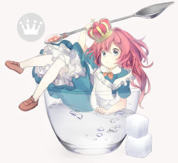 Rule 34 | 1girl, bad id, bad pixiv id, blue eyes, blush, crown, danchi (pomechize), dress, frown, full body, glass, loafers, long hair, messy hair, mini person, minigirl, original, oversized object, pantyhose, pink hair, shoes, simple background, solo, spoon, sugar cube, water, white background, white pantyhose