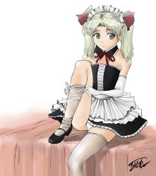 Rule 34 | 1girl, adjusting clothes, adjusting legwear, aged down, alternate costume, artist request, balalaika (black lagoon), bed, black lagoon, blonde hair, corset, detached collar, elbow gloves, enmaided, flat chest, frilled skirt, frills, gloves, green eyes, jpeg artifacts, maid, maid headdress, mary janes, mole, mole under eye, panties, pantyshot, shoes, sitting, skirt, solo, twintails, underwear, upskirt, white gloves, white panties