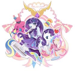 Rule 34 | 1girl, akuama, blue eyes, dual persona, horns, instrument, keytar, long hair, my little pony, my little pony: equestria girls, my little pony: friendship is magic, personification, purple hair, rarity (my little pony), simple background, single horn