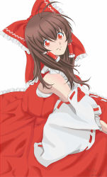 Rule 34 | 1girl, bow, brown hair, detached sleeves, hair bow, hakurei reimu, japanese clothes, long hair, miko, red eyes, simple background, solo, touhou, white background, yossy (asd 456)
