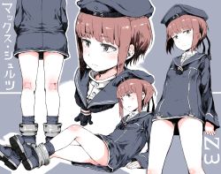 Rule 34 | 1girl, blue footwear, breasts, brown eyes, brown hair, character name, dress, expressionless, gomennasai, hat, kantai collection, kneepits, multiple views, sailor dress, sailor hat, short hair, sidelocks, sitting, small breasts, translation request, z3 max schultz (kancolle)