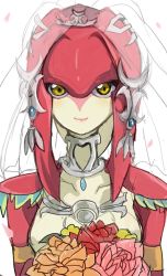 Rule 34 | 1girl, blush, bridal veil, bride, colored skin, dress, fins, fish girl, flower, hair ornament, jewelry, long hair, looking at viewer, mipha, monster girl, multicolored skin, nintendo, no eyebrows, red hair, red skin, rem (eyes 410), smile, solo, the legend of zelda, the legend of zelda: breath of the wild, veil, wedding dress, yellow eyes, zora