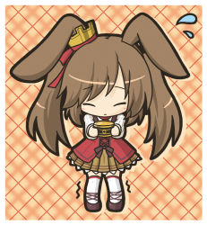 Rule 34 | 1girl, animal ears, bad id, bad pixiv id, blush, brown footwear, brown hair, brown skirt, character request, chibi, closed eyes, closed mouth, commentary request, crown, emil chronicle online, facing viewer, flying sweatdrops, full body, holding, long hair, long sleeves, mini crown, outstretched arms, plaid, plaid background, pleated skirt, rabbit ears, ri-net, shirt, shoes, skirt, solo, standing, thighhighs, twintails, very long hair, white shirt, white thighhighs