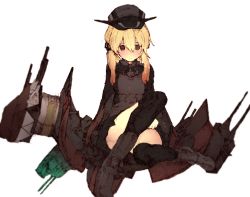 Rule 34 | 10s, 1girl, black eyes, blonde hair, boots, cannon, convenient leg, full body, gurin33, hat, kantai collection, knee up, long hair, mecha musume, peaked cap, prinz eugen (kancolle), simple background, sitting, sketch, solo, thighs, turret, twintails, white background