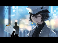 Rule 34 | 1girl, black gloves, black hair, blurry, blurry background, burning, cigarette, gloves, hat, highres, letterboxed, mouth hold, original, outdoors, power lines, short hair, silhouette, smoking, turtleneck, upper body, white headwear, yuushoku