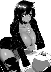Rule 34 | 1girl, ankh, breasts, choker, cleavage, commission, curvy, dark-skinned female, dark skin, greyscale, highres, jewelry, lip piercing, long hair, looking at viewer, medium breasts, monochrome, motor vehicle, motorcycle, norman maggot, original, pendant, piercing, riding, simple background, solo, straddling, thighhighs, torn clothes, torn thighhighs, white background