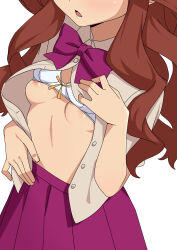 1girl bow bowtie bra bra_lift breasts brown_hair commentary_request head_out_of_frame highres inazuma_eleven inazuma_eleven_(series) lifting_own_clothes long_hair morisobo open_clothes open_mouth pink_bow pink_bowtie pink_skirt pleated_skirt raimon_natsumi simple_background skirt small_breasts solo underboob underwear white_background