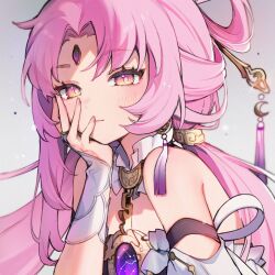 Rule 34 | 1girl, bare shoulders, choker, earrings, forehead, forehead jewel, fu xuan (honkai: star rail), hair ornament, hand on own face, highres, honkai: star rail, honkai (series), jewelry, looking at viewer, necklace, pink eyes, pink hair, solo, upper body, white background, yenkoes
