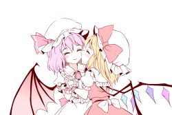Rule 34 | 2girls, ^ ^, bat wings, blonde hair, blush, bow, closed eyes, flandre scarlet, frilled shirt collar, frills, hat, hat bow, hat ribbon, holding hands, interlocked fingers, kiss, kissing cheek, long hair, minust, mob cap, multiple girls, puffy short sleeves, puffy sleeves, purple hair, red bow, red ribbon, remilia scarlet, ribbon, sash, short hair, short sleeves, siblings, simple background, sisters, smile, touhou, white background, white bow, wings, wrist cuffs