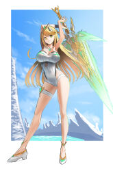 Rule 34 | 1girl, aegis sword (xenoblade), breasts, highres, large breasts, lom (lom lom 8), long hair, mythra (radiant beach) (xenoblade), mythra (xenoblade), solo, swimsuit, very long hair, xenoblade chronicles (series), xenoblade chronicles 2