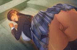 Rule 34 | 1girl, against wall, ass, bent over, breasts, brown hair, censored, from behind, highres, homare (fool&#039;s art), huge ass, large breasts, long hair, looking back, no panties, pussy, school uniform, skirt, solo, wide hips