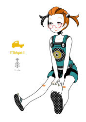 Rule 34 | 1-tuka, 1girl, artist name, brown eyes, brown hair, daihatsu, english text, full body, glasses, original, overalls, personification, polka dot, sandals, short twintails, simple background, sitting, smile, solo, twintails, white background