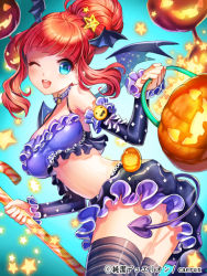 Rule 34 | 1girl, bat wings, black skirt, blue eyes, blush, candy, candy cane, character request, crop top, demon tail, detached sleeves, esphy, food, hair bun, head wings, jack-o&#039;-lantern, junketsu duelion, long sleeves, midriff, one eye closed, open mouth, pumpkin, red hair, single hair bun, skirt, smile, solo, star (symbol), striped clothes, striped thighhighs, tail, thighhighs, wings, wink