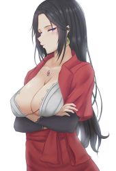 Rule 34 | 10s, 1girl, arms up, awu, black hair, breasts, cattleya baudelaire, cleavage, collarbone, crossed arms, dress, earrings, half-closed eyes, highres, jewelry, large breasts, long hair, looking to the side, low-cut, mole, mole on breast, necklace, purple eyes, red dress, simple background, solo, violet evergarden (series), white background