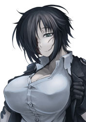 Rule 34 | 1girl, black hair, breasts, buttons, cleavage, collared shirt, dress shirt, gloves, green eyes, hair over one eye, hetza (hellshock), jacket, large breasts, messy hair, nagai gojitsudan no nechronica, neles (hetza), open clothes, open jacket, scar, shirt, short hair, simple background, solo, white background