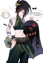 Rule 34 | 2girls, absurdres, akali, bat (animal), black hair, breasts, collarbone, english text, green pants, green ribbon, green shirt, hand on own hip, heart, highres, holding, large breasts, league of legends, leblanc (league of legends), meme, multiple girls, navel, noodychaan, pants, ponytail, ribbon, shirt, shoulder tattoo, solo focus, speech bubble, stomach, tattoo, twitter strip game (meme), white background